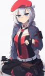  +_+ 1girl bangs belt beret black_legwear black_neckwear blue_eyes blue_jacket braid breasts bullet dress eyebrows_visible_through_hair girls&#039;_frontline hair_ornament hairclip hand_on_floor hat highres hinami047 jacket long_hair looking_at_viewer low_twintails necktie on_floor open_clothes open_jacket ots-12 ots-12_(girls&#039;_frontline) pantyhose red_headwear russian_flag silver_hair sitting solo soviet_flag star_(symbol) star_hair_ornament twin_braids twintails uniform weapon white_background white_belt white_hair 