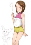  1girl animal_ears brown_eyes brown_hair cat_ears closed_mouth digimon digimon_(creature) digimon_adventure digimon_adventure_02 e10 feet hair_ornament hairclip jewelry looking_at_viewer necklace short_hair shorts simple_background skirt smile tailmon white_background yagami_hikari 
