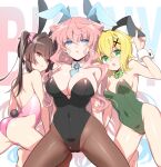  3girls :o akatsuki_kirika animal_ears arms_behind_back ass back backless_leotard bangs barefoot between_breasts black_hair black_leotard blonde_hair blue_eyes blue_neckwear bow bowtie breasts cleavage closed_mouth commentary_request detached_collar eyebrows_visible_through_hair fake_animal_ears fake_tail girl_sandwich green_eyes green_leotard hair_ornament hair_ribbon half-closed_eyes highleg highleg_leotard kneeling lanlanlap large_breasts leotard light_frown long_hair looking_at_viewer looking_back maria_cadenzavna_eve multiple_girls necktie open_mouth pantyhose parted_lips pink_eyes pink_hair pink_leotard pink_ribbon playboy_bunny rabbit_ears rabbit_tail ribbon sandwiched senki_zesshou_symphogear small_breasts straight_hair strapless strapless_leotard tail tsukuyomi_shirabe twintails wavy_hair wrist_cuffs x_hair_ornament 