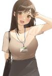  1girl :d bag bangs beige_shirt blush breasts brown_eyes brown_hair cleavage hand_in_hair handbag highres id_card jewelry lanyard large_breasts long_hair looking_at_viewer necklace office_lady ol_mahonanoka open_mouth original skirt smile standing white_background 