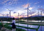  1girl absurdres bag cloud grass handbag highres mountain original power_lines reflection scenery shurock skirt sky solo standing sunset trail utility_pole water wind_turbine 