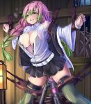  1girl bdsm belt black_bra black_panties black_skirt blush bra braid breasts clothing_aside collared_shirt dildo gradient_hair green_hair green_legwear highres kanroji_mitsuri kimetsu_no_yaiba large_breasts long_hair miniskirt mole mole_under_eye monikano multicolored_hair object_insertion open_bra open_clothes open_shirt panties panties_aside pink_hair pleated_skirt pussy_juice restrained rope sex_machine sex_toy shirt skirt spread_legs thighhighs underwear vaginal vaginal_object_insertion water_wheel white_belt white_shirt zettai_ryouiki 