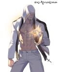  1boy abs artist_request bara covered_eyes cross dungeon_and_fighter facial_hair feet_out_of_frame floating floating_object goatee hood hood_over_eyes hooded_jacket jacket korean_text male_focus male_priest_(dungeon_and_fighter) muscular muscular_male navel official_art open_clothes open_jacket pants pectoral_cleavage pectorals priest priest_(dungeon_and_fighter) solo stomach translation_request white_background white_jacket white_pants 