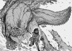  1girl 1other absurdres blood breasts constricted_pupils destruction deviljho dragon english_commentary fleeing greyscale highres holding_own_arm imminent_death injury jaw krekk0v large_breasts monochrome monster monster_hunter_(series) no_pupils open_mouth scar scared size_difference spikes tail teeth tongue wyvern 