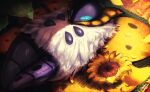  alternate_color blue_eyes bug commentary_request ewokakukaede flower highres leaf lying moth no_humans on_back petals pokemon pokemon_(creature) shiny_pokemon solo sunflower volcarona white_fur 