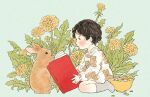  1boy animal_ears aqua_background black_hair blush book bowl bunny cereal flower food grey_legwear holding holding_book leaf milk original plant print_shirt profile shirt short_hair sitting socks solo yellow_flower yoovora 