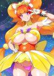  1girl alternate_breast_size amanogawa_kirara areola_slip areolae bangs blunt_bangs breasts clenched_teeth commentary_request cure_twinkle earrings eyebrows_visible_through_hair gloves go!_princess_precure hand_on_hip highres jewelry joy_ride large_breasts long_hair looking_at_viewer magical_girl multicolored_hair panties pink_panties precure purple_eyes red_hair smile solo star_(symbol) star_earrings teeth twintails two-tone_hair underwear v very_long_hair white_gloves 