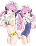 2girls :d absurdres ahoge bangs bare_arms bare_shoulders bikini blue_hair blue_nails blue_ribbon blue_swimsuit braid breasts cleavage commentary_request eyebrows_visible_through_hair flipper groin hair_ribbon highres hololive long_hair looking_at_viewer maid_headdress medium_breasts minato_aqua multicolored_hair multiple_girls nail_polish navel open_mouth pink_hair purple_eyes ribbon school_swimsuit small_breasts smile streaked_hair striped striped_bikini swimsuit twintails two-tone_hair very_long_hair virtual_youtuber wading white_background younger 