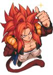  absurdres bare_pectorals biceps blue_eyes dragon_ball dragon_ball_gt from_above fusion gogeta highres looking_at_viewer looking_up monkey_boy monkey_tail no_nipples pectorals red_fur relio_db318 solo spiked_hair super_saiyan super_saiyan_4 tail thumbs_up 