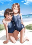  2girls arena_(company) barefoot beach blue_sky blue_swimsuit blurry breasts brown_eyes brown_hair cloud commentary_request competition_school_swimsuit covered_navel day depth_of_field facing_viewer full_body grass grin hand_on_another&#039;s_shoulder highres kneeling logo looking_at_viewer mu-pyon multiple_girls original outdoors school_swimsuit short_hair sky small_breasts smile swimsuit tan tanlines 
