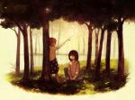  1boy 1girl black_hair branch child dress harry_potter harry_potter_and_the_deathly_hallows holding holding_branch itoko lily_evans red_hair severus_snape short_hair sitting smile tree younger 