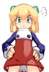  1girl blonde_hair covered_navel dress green_eyes green_ribbon hair_ribbon karukan_(monjya) long_hair looking_at_viewer mega_man_(classic) mega_man_(series) open_mouth ponytail red_dress red_skirt ribbon roll_(mega_man) simple_background skirt solo white_background 