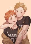  2boys antweiyi artist_name black_shirt blush brown_eyes brown_hair brown_jacket closed_mouth haikyuu!! hinata_shouyou holding holding_another&#039;s_arm hug hug_from_behind jacket looking_at_another male_focus miya_atsumu multiple_boys open_clothes open_jacket open_mouth orange_eyes orange_hair shirt short_hair simple_background smile upper_body 