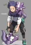  1boy black_shorts boku_no_hero_academia commentary_request crossover flying_sweatdrops gloves green_bag grey_background grey_footwear highres hood hoodie leggings looking_down lower_teeth male_focus on_shoulder open_mouth partially_fingerless_gloves pokemon pokemon_(creature) pokemon_on_shoulder shinsou_hitoshi shoes shorts single_glove spiked_hair tonbanlove tongue toxel 