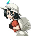  1girl backpack bag bangs black_eyes black_gloves black_hair commentary_request from_behind gloves hat_feather helmet highres kaban_(kemono_friends) kamishima_kanon kemono_friends leaning_forward looking_at_viewer looking_back open_mouth pith_helmet red_shirt shirt short_hair short_sleeves shorts simple_background smile solo wavy_hair white_background white_shorts 