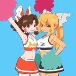  2girls @_@ alternate_costume armpits arms_up bangs benikurage_(cookie) black_skirt blonde_hair bow breasts brown_hair cheerleader closed_mouth clothes_writing commentary_request cookie_(touhou) cowboy_shot crop_top facial_mark frilled_bow frilled_hair_tubes frills green_eyes hair_bow hair_tubes hakurei_reimu highres kirisame_marisa long_hair looking_at_viewer mars_(cookie) medium_breasts medium_hair multiple_girls open_mouth parted_bangs pom_pom_(cheerleading) ponytail red_bow red_eyes red_skirt scotch_(cookie) simple_background skirt small_breasts smile touhou wavy_mouth whisker_markings white_bow 