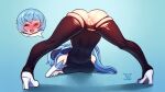  1girl absurdres ahoge anus arm_rest ass blue_hair blush bodystocking breasts brown_bodysuit closed_eyes flexible full_body ganyu_(genshin_impact) genshin_impact goat_horns hands_on_ground high_heels highres horns jack-o&#039;_challenge long_hair low_ponytail medium_breasts meme no_panties open_mouth pose pussy skindentation solo spread_legs stretch sunset_nivaris top-down_bottom-up torn_bodystocking torn_clothes torn_legwear wide_spread_legs 