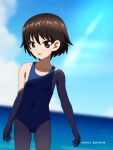  1girl :p artist_name bangs blue_sky blurry blurry_background brown_eyes brown_hair closed_mouth commentary cowboy_shot dated day eyebrows_visible_through_hair flat_chest girls_und_panzer highres horizon isobe_noriko looking_at_viewer naotosi ocean one-piece_swimsuit outdoors school_swimsuit shade short_hair sky solo standing swimsuit tongue tongue_out 