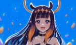  1girl :d animal_ears bangs bare_shoulders blue_sky blunt_bangs blush commentary day detached_collar eyebrows_visible_through_hair eyelashes fang fur-trimmed_collar gradient_hair halo headpiece hololive hololive_english long_hair looking_at_viewer mole mole_under_eye multicolored_hair ninomae_ina&#039;nis open_mouth orange_hair outdoors petals pointy_ears portrait purple_eyes purple_hair sinap_(12000klb) sky smile solo symbol-only_commentary tentacle_hair two-tone_hair virtual_youtuber wind 