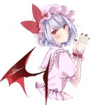  1girl bangs bat_wings black_nails blush bow closed_mouth dress eyebrows_visible_through_hair hands_together hands_up hat hat_bow highres looking_at_viewer mob_cap pink_dress pink_headwear pink_sleeves puffy_short_sleeves puffy_sleeves purple_hair red_bow red_eyes remilia_scarlet short_hair short_sleeves signature simple_background solo souta_(karasu_no_ouchi) touhou white_background wings wrist_cuffs 