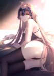  1girl absurdres ass black_dress black_legwear black_panties breasts dress fate/grand_order fate_(series) headpiece highres jeanne_d&#039;arc_(alter)_(fate) jeanne_d&#039;arc_(fate) large_breasts looking_at_viewer lying on_side panties silver_hair smile solo thighhighs tsurime underwear yellow_eyes zhenpiaoliang 