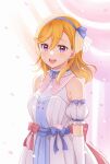  1girl :d artist_name bangs blonde_hair blue_hairband blush breasts commentary_request curtains detached_sleeves dress elbow_gloves eyebrows_visible_through_hair gloves hair_between_eyes hairband highres long_hair looking_at_viewer love_live! love_live!_superstar!! medium_breasts open_mouth petals puffy_short_sleeves puffy_sleeves purple_eyes sakurai_makoto_(custom_size) see-through shibuya_kanon short_sleeves signature sleeveless sleeveless_dress smile solo upper_teeth white_dress white_gloves white_sleeves 