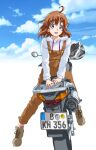  1girl bakuon!! blue_eyes blue_sky brown_hair brown_overalls cloud cloudy_sky eyebrows_visible_through_hair ground_vehicle hair_between_eyes hal-py helmet highres honda honda_cb400 honda_cb400sf hood hoodie license_plate looking_at_viewer motor_vehicle motorcycle motorcycle_helmet open_mouth overalls sakura_hane short_hair sky solo 