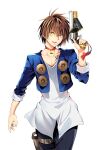  1boy black_cat_(series) brown_hair gun jewelry male_focus medium_hair necklace official_art smile solo standing tattoo train_heartnet weapon yabuki_kentarou yellow_eyes 