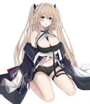  1girl absurdly_long_hair absurdres anchorage_(azur_lane) azur_lane bangs between_breasts black_coat black_shorts breasts cleavage coat commentary_request eyebrows_visible_through_hair hair_between_eyes hair_ornament hair_ribbon highres kuyouml light_brown_hair long_hair looking_at_viewer midriff navel necktie necktie_between_breasts off-shoulder_coat off_shoulder parted_lips purple_eyes ribbon short_shorts shorts sidelocks simple_background sitting solo two_side_up very_long_hair wariza white_background 
