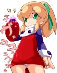  1girl arm_cannon closed_mouth dress green_eyes karukan_(monjya) long_hair looking_at_viewer mega_man_(classic) mega_man_(series) panties ponytail red_dress red_skirt roll_(mega_man) simple_background skirt solo underwear weapon white_background white_panties 