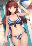  1girl ball beachball bikini breasts brown_eyes brown_hair cleavage collarbone commentary_request commission cowboy_shot front-tie_top highres kantai_collection kasumi_(skchkko) large_breasts long_hair looking_at_viewer lying ooi_(kancolle) side-tie_bikini skeb_commission smile solo striped striped_bikini swimsuit thigh_gap 