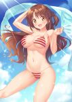  1girl :d arm_up bare_arms bare_shoulders bikini breasts brown_hair cameltoe cleavage collarbone day front-tie_bikini front-tie_top halterneck hand_up highres holding ichi_makoto idolmaster idolmaster_cinderella_girls large_breasts navel one_side_up open_mouth orange_eyes outdoors shimamura_uzuki skindentation smile solo stomach strap_gap string_bikini striped striped_bikini sunlight swimsuit thighs towel wet 