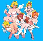  5girls alice_margatroid angel angel_wings armpits arms_behind_head ass babydoll bangs blonde_hair blue_eyes boots bra breasts brown_hair camisole cigarette closed_mouth colored_inner_hair commentary_request cookie_(touhou) crop_top earrings eyebrows_visible_through_hair flat_chest food-themed_hair_ornament frilled_hairband frills full_body hair_between_eyes hair_ornament hairband halo highres hinase_(cookie) holding holding_cigarette ichigo_(cookie) jewelry jigen_(cookie) kneehighs large_breasts long_hair looking_at_viewer looking_back medium_breasts multicolored_hair multiple_girls open_mouth orange_hair panties purple_hair red_hairband sakuranbou_(cookie) scotch_(cookie) short_hair simple_background small_breasts smile strawberry_hair_ornament stuffed_animal stuffed_bunny stuffed_toy symbol-shaped_pupils taisa_(cookie) thigh_boots thighhighs touhou underwear wavy_mouth white_bra white_camisole white_footwear white_legwear white_panties white_wings wings yen_sign 