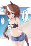  1girl absurdres animal_ears beach blue_eyes breasts brown_hair cleavage collarbone gokurin highres horse_ears horse_girl horse_tail long_hair looking_at_viewer ocean open_mouth ponytail shorts sky small_breasts solo swimsuit tail tokai_teio_(umamusume) translation_request umamusume 