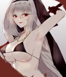  1girl :d alternate_costume arknights armpits bare_arms bare_shoulders bikini black_bikini black_headwear blood breasts cleavage cross cross_necklace habit holding holding_weapon jewelry long_hair looking_at_viewer medium_breasts necklace open_mouth red_eyes silver_hair smile solo specter_(arknights) stomach string_bikini sutaa_dasuto-kun swimsuit upper_body very_long_hair weapon 
