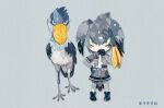  1girl animal bangs belt bird bird_tail bird_wings black_gloves bodystocking breast_pocket chibi creature_and_personification full_body gloves green_eyes grey_hair grey_shirt grey_shorts hair_between_eyes hand_on_hip hand_to_own_mouth hand_up head_wings kemono_friends kikuchi_milo layered_sleeves long_sleeves looking_at_viewer necktie orange_hair pocket shirt shoebill shoebill_(kemono_friends) short_over_long_sleeves short_sleeves shorts sidelocks standing staring tail white_neckwear wings 