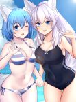  2girls absurdres animal_ear_fluff animal_ears bangs bare_shoulders bikini blue_eyes blue_hair breasts cleavage collarbone day english_commentary eyebrows_visible_through_hair highres holding_hands indie_virtual_youtuber interlocked_fingers long_hair looking_at_viewer lumi_(merryweather) multiple_girls navel ocean one_eye_closed open_mouth outdoors second-party_source sidelocks striped striped_bikini swimsuit tail v virtual_youtuber water white_hair wolf_ears wolf_girl wolf_tail wolfy wolfychu zeroyama 