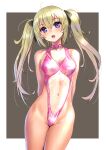  1girl arms_behind_back blonde_hair blue_eyes breasts casual_one-piece_swimsuit choker clothing_cutout commentary_request cowboy_shot grey_background highleg highleg_swimsuit katahira_masashi long_hair medium_breasts navel_cutout one-piece_swimsuit open_mouth original pink_neckwear pink_swimsuit solo swimsuit twintails two-tone_background white_background 