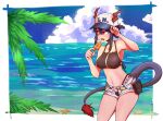  1girl adjusting_clothes adjusting_headwear arknights bangs bare_arms bare_shoulders baseball_cap beach bikini black_bikini blue_hair blue_shorts breasts ch&#039;en_(arknights) commentary cowboy_shot dragon_horns dragon_tail female_tourist_c_(arknights) food hair_between_eyes hand_on_hip hat highres holding holding_food horns horns_through_headwear kakiyokan long_hair looking_to_the_side medium_breasts navel ocean official_alternate_costume open_fly open_mouth outdoors popsicle red_eyes short_shorts shorts sideways_glance solo standing stomach swimsuit tail thighs white_headwear 