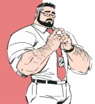  1boy arm_hair bara beard black_hair blush bulge facial_hair feet_out_of_frame formal glasses highres index_fingers_together jang_ju_hyeon large_pectorals male_focus mature_male muscular muscular_male mustache necktie original pants pectorals shirt short_hair simple_background sleeves_rolled_up solo undercut white_pants white_shirt 