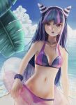  1girl :o absurdres bangs beach bikini black_scrunchie blue_hair blue_sky breasts chin_piercing cleavage cloud collarbone cowboy_shot danganronpa_(series) danganronpa_2:_goodbye_despair day groin hair_cones highres innertube jewelry long_hair looking_at_viewer mioda_ibuki multicolored_hair navel necklace ocean outdoors pink_bikini pink_hair purple_bikini purple_eyes scrunchie sky small_breasts solo standing summer swimsuit thigh_gap transparent two-tone_bikini uminekohigurasinonakukoroni very_long_hair wrist_scrunchie 