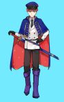  1boy alternate_costume appleale19 artoria_pendragon_(caster)_(fate) artoria_pendragon_(caster)_(fate)_(cosplay) artoria_pendragon_(fate) blue_background boots buttons cloak cosplay costume_switch emiya_shirou fate/grand_order fate_(series) formal full_body gloves hand_on_hip katana looking_at_viewer male_focus necktie orange_hair senji_muramasa_(fate) sheath sheathed simple_background smile solo suit sword weapon yellow_eyes 