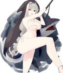  1girl :d alternate_costume arknights armpits bare_arms bare_legs bare_shoulders bikini black_headwear braid breasts circular_saw cleavage feet_out_of_frame glowing glowing_eye habit highres holding holding_weapon jewelry leg_up long_hair looking_at_viewer medium_breasts necklace open_mouth red_eyes shark side-tie_bikini silver_hair single_braid smile solo specter_(arknights) stomach string_bikini sutaa_dasuto-kun swimsuit thighs very_long_hair weapon white_background white_bikini 