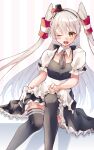  1girl alternate_costume amatsukaze_(kancolle) apron bad_anatomy black_dress black_legwear blush brown_eyes collarbone dress enmaided eyebrows_visible_through_hair hair_between_eyes hair_tubes highres kantai_collection long_hair maid maid_apron one_eye_closed open_mouth short_sleeves silver_hair solo thighhighs two_side_up u_yuz_xx white_apron windsock 