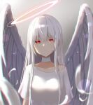  1girl absurdres albino angel angel_wings bandages bangs commentary double_halo dress eyebrows_visible_through_hair feathered_wings feathers halo highres long_hair original red_eyes tokano_56 white_dress white_hair white_wings wings 