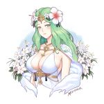  1girl alternate_costume artist_name bikini breasts cape cleavage closed_mouth collarbone commentary english_commentary fire_emblem fire_emblem:_three_houses fire_emblem_heroes flower green_eyes green_hair hair_flower hair_ornament jewelry large_breasts lips long_hair moize_opel official_alternate_costume pink_lips rhea_(fire_emblem) signature solo swimsuit upper_body white_bikini white_cape white_flower white_swimsuit 
