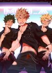  3boys abs absurdres bakugou_katsuki black_hair black_nails black_pants black_shirt black_shorts blonde_hair boku_no_hero_academia bracelet chain_necklace clothes_around_waist clothes_lift currynim earrings green_eyes green_hair headset highres idol jacket jacket_around_waist jewelry kaminari_denki looking_at_viewer male_focus microphone midoriya_izuku multicolored_hair multiple_boys multiple_rings nail_polish navel necklace open_mouth pants red_eyes red_jacket ring shirt shirt_lift short_hair shorts smile teeth toned toned_male torn_clothes torn_shorts two-tone_hair yellow_eyes 