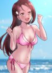  1girl absurdres bikini blue_sky blurry breasts cleavage cloud collarbone cowboy_shot day depth_of_field hair_ornament hairclip half_updo highres horizon kwrrrrrr long_hair love_live! love_live!_sunshine!! medium_breasts navel ocean outdoors red_hair sakurauchi_riko side-tie_bikini sky solo swimsuit yellow_eyes 