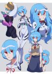  1girl ayanami_rei bangs black_bodysuit blue_hair bodysuit breasts clone evangelion:_3.0+1.0_thrice_upon_a_time eyebrows_visible_through_hair full_body hands_clasped hands_over_breasts highres iganashi1 interface_headset long_hair looking_at_viewer medium_breasts neon_genesis_evangelion own_hands_together plugsuit rebuild_of_evangelion red_eyes school_uniform short_hair simple_background white_bodysuit 