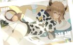  1boy animal_ears animal_print arknights ass bird bison_(arknights) briefs brown_eyes brown_hair cellphone cow_boy cow_ears cow_hood cow_horns cow_print cow_tail emperor_penguin from_behind highres horns looking_at_viewer looking_back luye_yuan male_underwear penguin penguin_logistics_(arknights) phone tail the_emperor_(arknights) underwear 